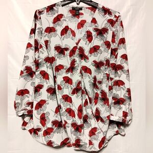 Gorgeous EUC Alfani Women's Blouse,Size 20W, Winter White, Red Floral, Faux Wrap